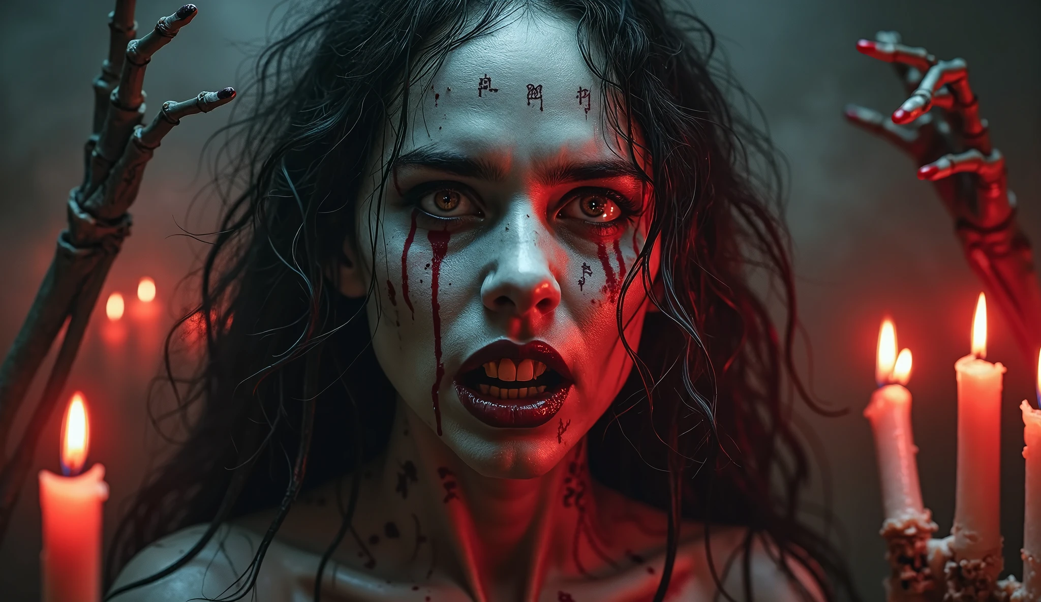 a terrifying mental image of a female figure of pure evil, immersed in a hideous, hellish environment, appearance with grotesque features and sinister deformities that evoke instant horror, glowing eyes, contorted skin, dark attire that exude an evil aura, environment around as a hellscape, distorted shadows, agonizing, obscure, terrifying nightmare, capturing all of the viewer's senses and leaving a lasting impression of horror, evil female figure in a obscure place coming from hell, nightmare, fiend, demonic presence