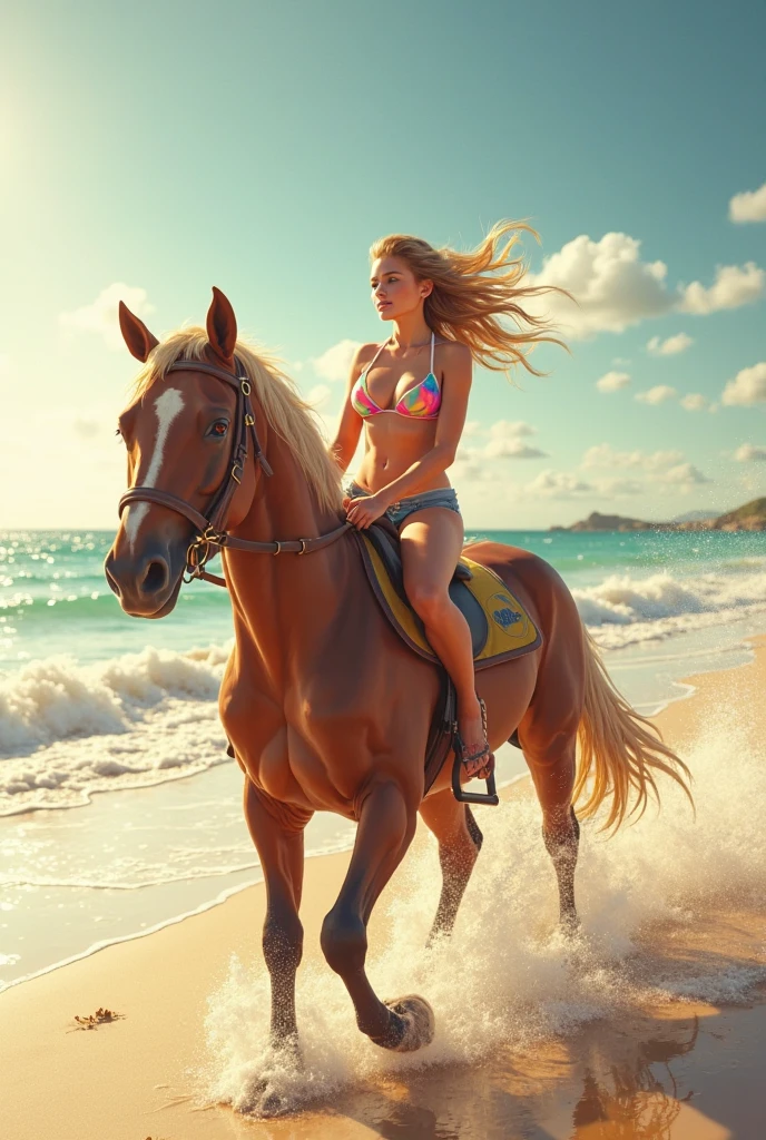 vibrant scene of a red-haired girl riding a majestic white horse along a deserted island beach, with a clear focus on the girl's face and the first half of her body. The girl's hair flows in the wind, contrasting beautifully with the horse's pure white coat. Her expression is serene and joyful. Her breasts are big in bikini. The beach is serene, with soft golden sands stretching to meet the gentle waves of a turquoise sea. Palm trees and lush greenery frame the background, under a clear blue sky with a few scattered, fluffy clouds. The atmosphere is tranquil and picturesque, capturing the essence of a tropical paradise.