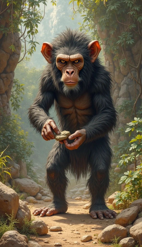 painted chimpanzee, meditating in the jungle, dense foliage, wet foliage