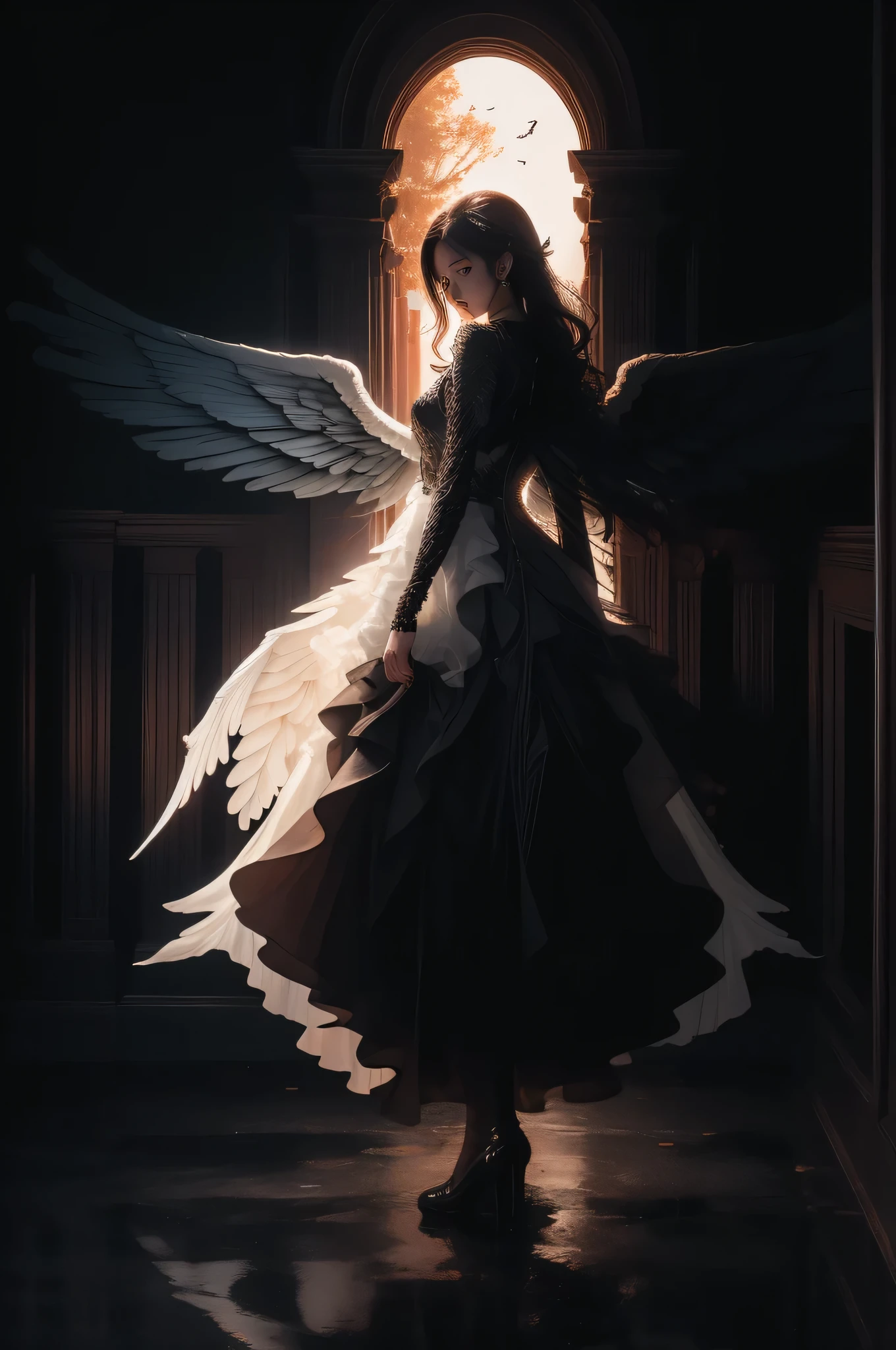 masterpiece,top quality,ultra detail,1 girl,md symmetrical,solo,full body,(White Wings:1.2),( black wings:1.2), night ,moon,