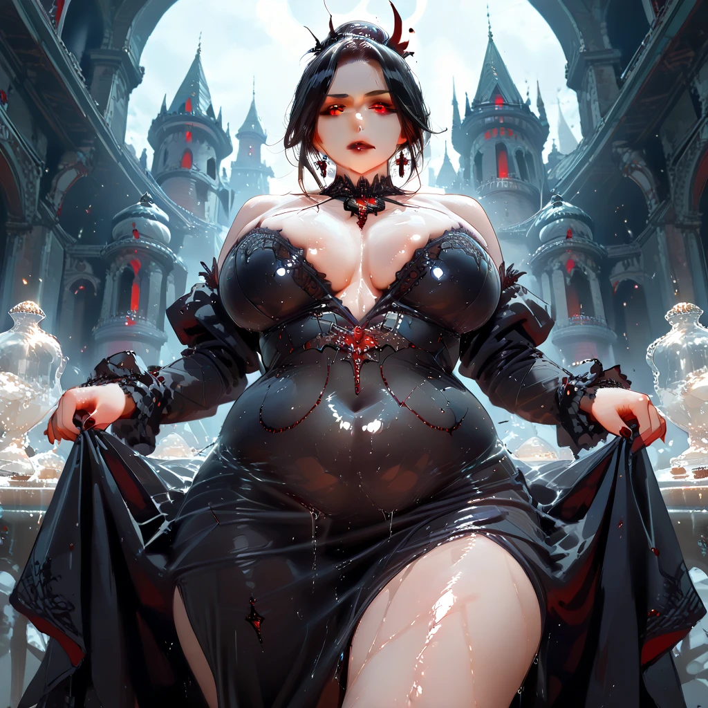 magazine phtotography, thicc girl, seductive enchantress, cut out dress, huge breasts, cleavage, slim waist, thick thighs, large hips, blood moon, red glow, gothic aesthetic, masterpiece, 8k, highly detailed, intricate, vogue style