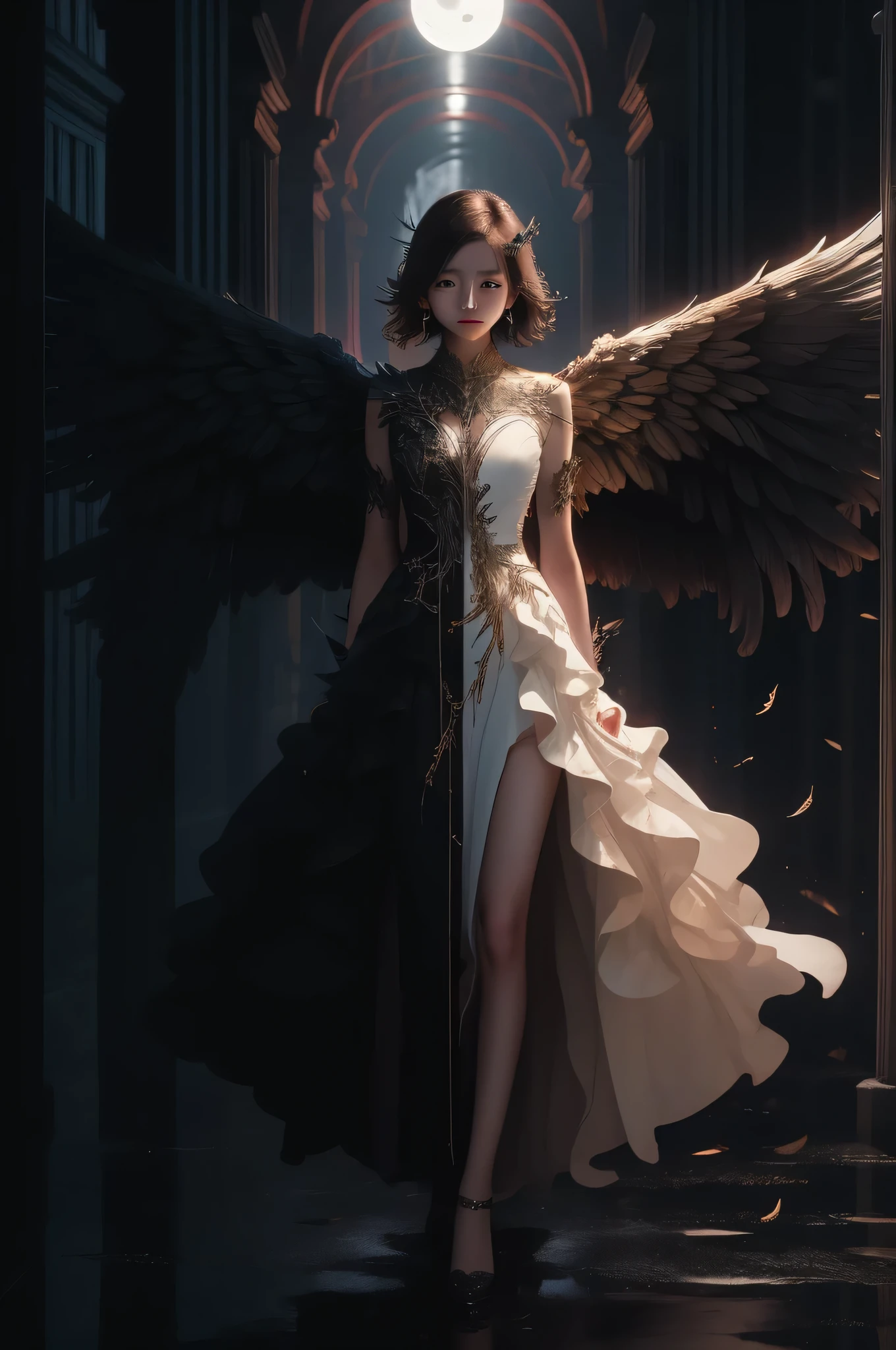 masterpiece,top quality,ultra detail,1 girl,md symmetrical,solo,full body,(White Wings:1.2),( black wings:1.2), night ,moon,