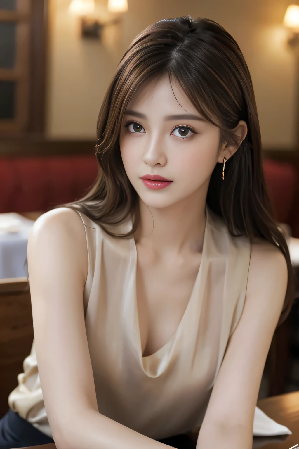 masterpiece, highest quality, Realistic, Very detailed, Finer details, High resolution, 8k wallpaper, One beautiful woman, Wear a black see-through shirt, In a great restaurant, At night, Light brown messy hair, Perfect dynamic composition, Beautiful and beautiful eyes、Big earrings