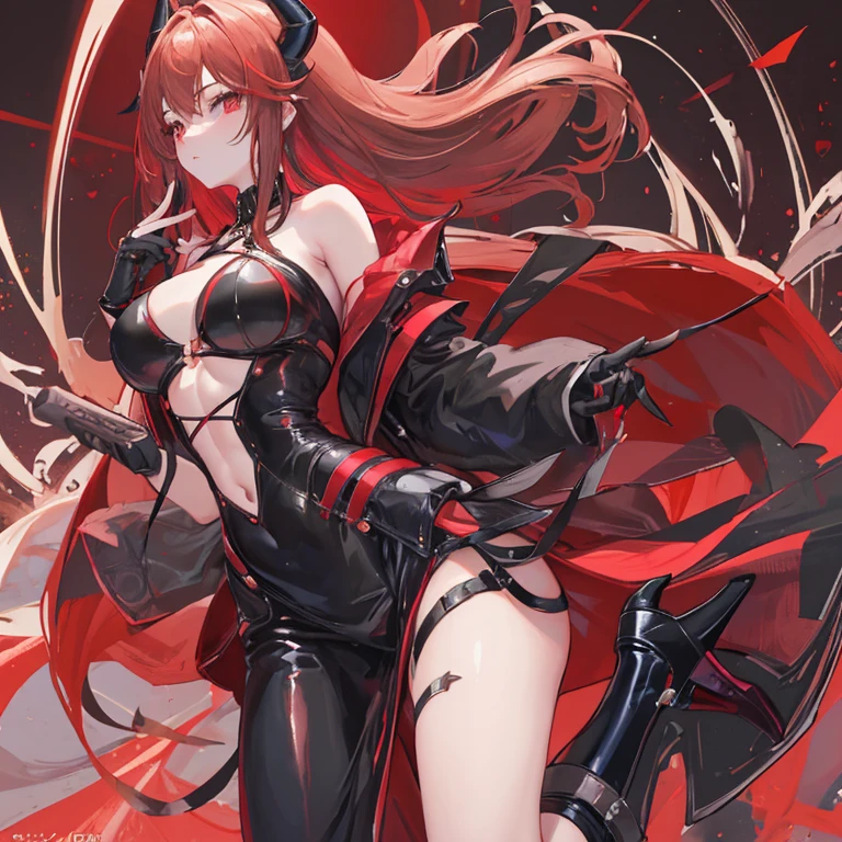 anime girl, demon, samurai, long hair, hair red, full-length, red hair, UHD, super detail, with katana, cyberpunk girl