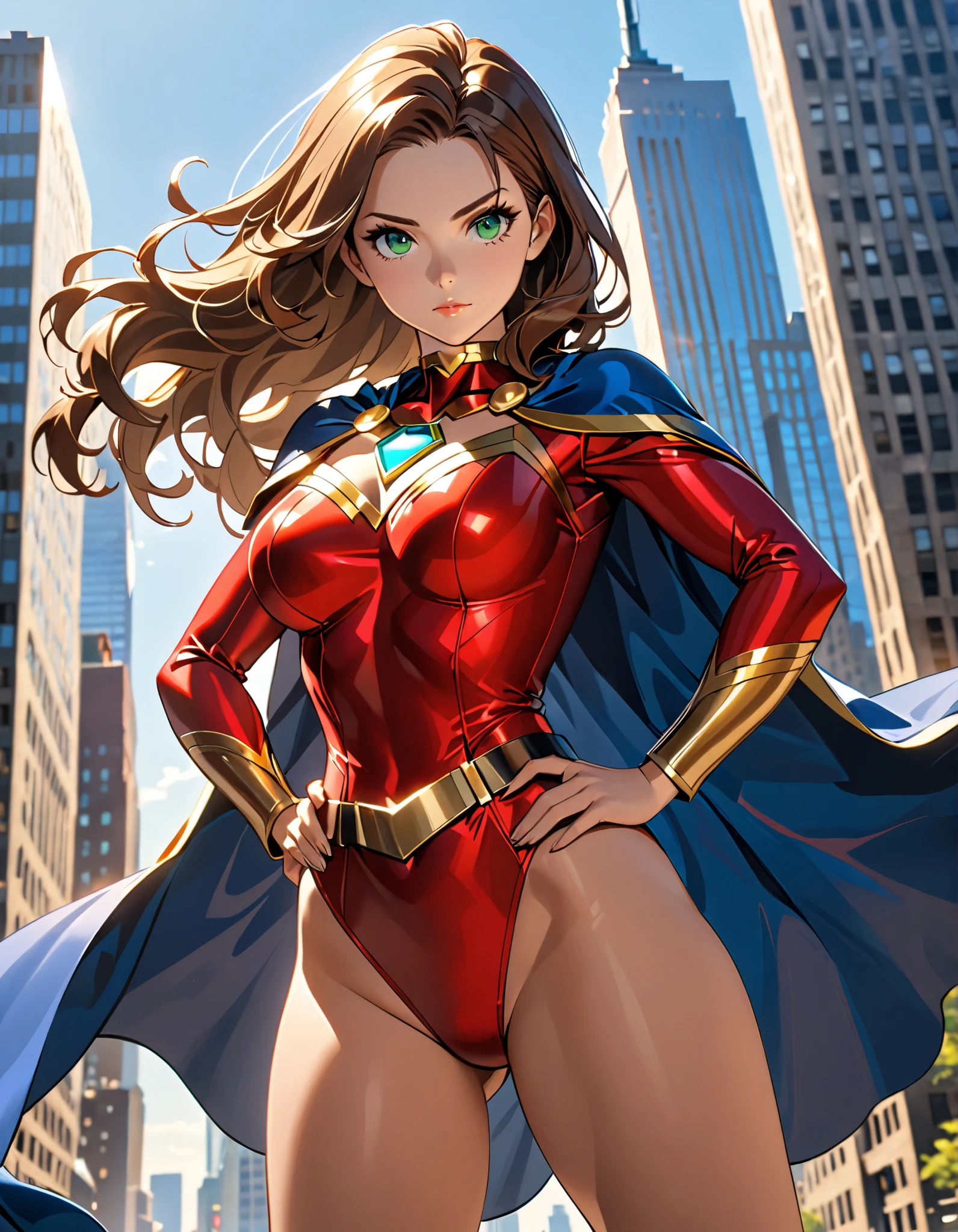 ((best quality)), ((masterpiece)), ((ultra realistic)), (dynamic heroic pose), american, beautiful detailed face, detailed eyes, sexy reporter, ((dressed in a red leotard with blue accents)), new york city backdrop, highly detailed, professional, bare legs, full body), hands on hip, standing, ((brown hair, medium hair)), green eyes, matching boots, yellow boots, ((long sleeves, yellow cuffs)), yellow hawk-shaped crest engraved on chest, ((blue cape)), cowboy shot, tight hero belt, (perfect hands)