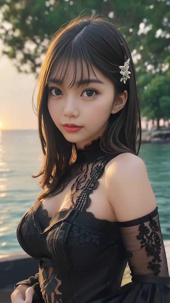 (((NFSW 1.5.))), Beautiful young princess, ((A beautiful princess is no longer a child:1.8)), ((Wearing a black armor dress with gold edging in the style of ancient Hanfu:1.6)), (((Exquisite pattern of skirt:1.6))), ((Braided hair with long black bangs: 1.6)), ((long bangs:1.6)), ((hair jewelry:1.9)), ((upper body gold jewelry:1.9)), ((very delicate gold necklace:1.7)), ((earrings with emeralds:0.8)), Noble, Noble style of an extremely beautiful girl, Super cute little face, Very pretty face, Hairy thin eyebrows, perfect beautiful face, ((black pupil: 0.8)), very beautiful eyes, ((green eyes: 1.6)), beautiful makeup and detailed hairstyle, eyelash, eye makeup is wet, high nose, earrings, red lips, ((closed mouth: 1;5 )) beautiful lips, slim hands, pretty face, perfect beautiful face, smooth white skin, firm chest, nice cleavage, ((super large and round breasts: 1.6)), beautiful breasts, perfect body, ((Sit down and puff out your chest, Arms behind you:1.6)), 8k photo, super high quality, Super realistic, super 10x pixel, Optical, bright studio, bright edges, two-tone lighting, (high detail skin:1.2), super 8k, soft lighting , high quality, volumetric light, Optical, Optical high resolution, light, best pictures, 4k, 8K quality, blur effect, smooth sharpness, 10×pixels, ((Beach background at night:1.5)), aurora, lightning, Super realistic graphics, most realistic graphics, alone, alone, very sharp, surreal images, (((front portrait: 1.3)))."