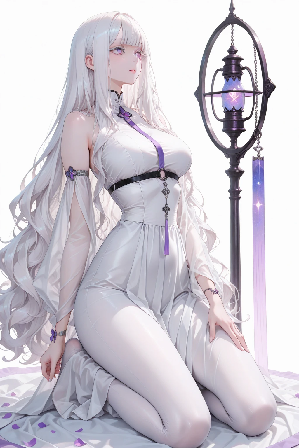 ((masterpiece， best quality))，goddess，Royal sister，Pure white background，Detailed face，Smile，whole body，Perfect body proportions，Glowing milky white eyes，sexly，Tattoo，extremely beautiful，transparent，High heel，Fishnet stockings，Star decoration,
