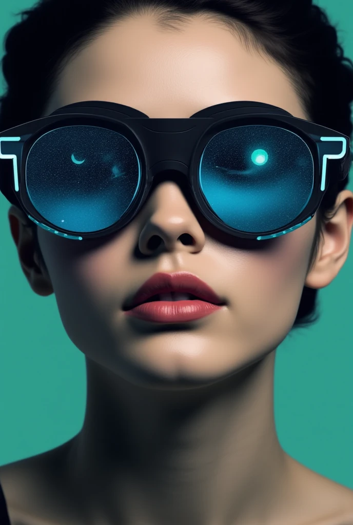 The model is wearing glass sunglasses with stars and the moon on the glass