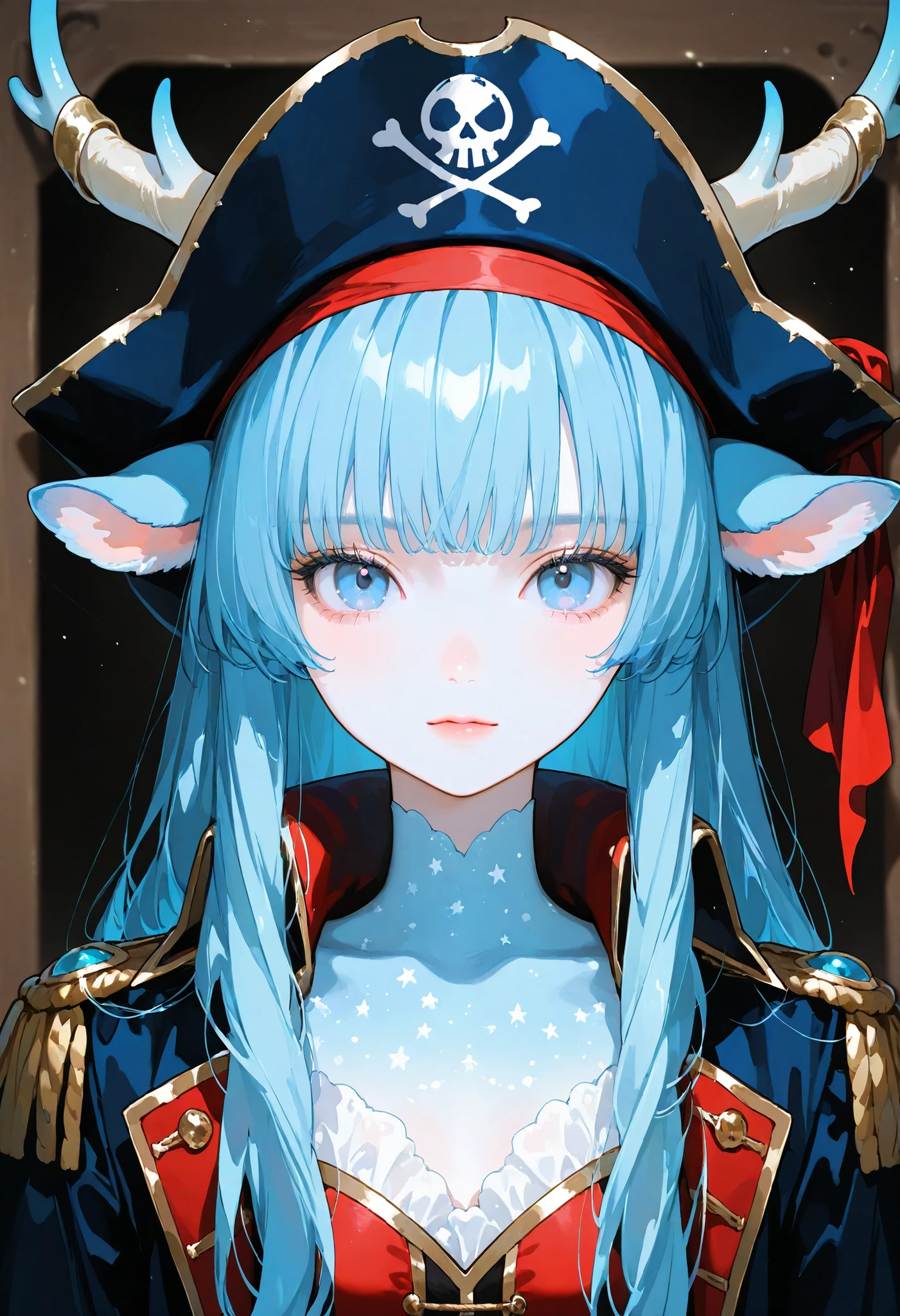 1 girl, Cute, milky skin, deer horn, blue deer ears, Blue hair, long hair, bangs, blue eyes, eyelashes, pirate costume, young, closed-up, front view, very handsome, old movie filter