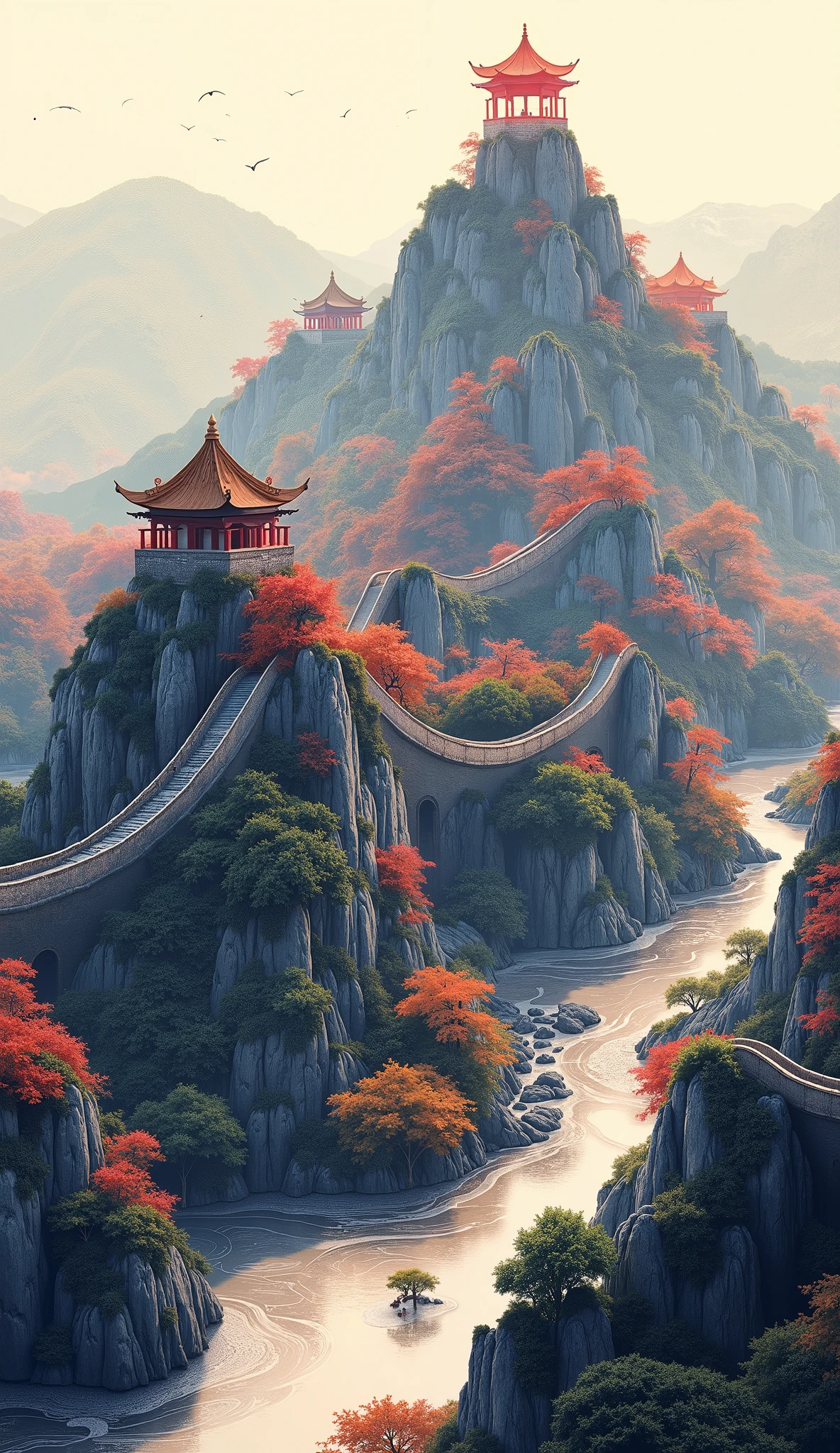 The、Ancient Xi'an、ロス・トランの写真です♪絵のように美しい背景、カラフルなCity、City{x}少し上から見た西安の城壁とCity、High resolution background is ancient Xi'an、中国の夢のCity、high definition digital painting、High Definition Digital Paint、Cityの隣に流れる川、Detailed Scenery。