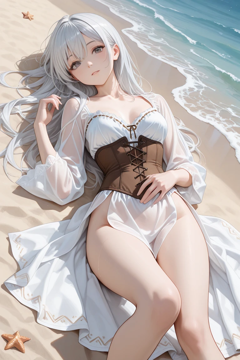 ((Best Quality)), (ultra-detailliert), ((Extremely detailed)), (Beautiful), ((Kawaii Girl)),(two side up hair)、((masutepiece)),Platinum Blonde Hair,Long hair, hair between eye, Wavy Hair, Long sideburns,Jade colored eyes, White skin,Normal Chest,Slender body,side tie bikini bottom、Sandals,in beach,One Woman,Anime