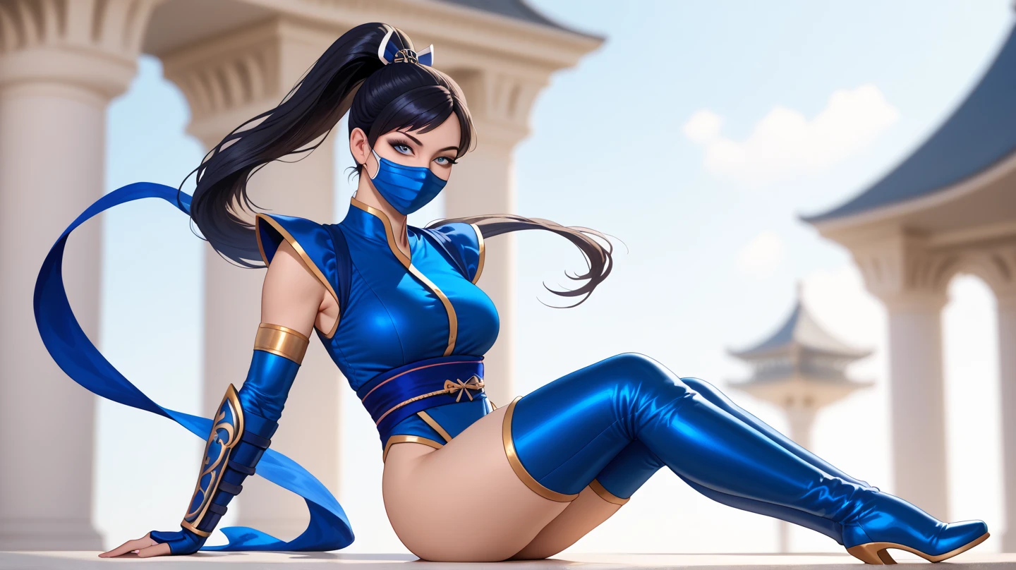 masterpiece, best quality, 1girl, solo, lana rhoades in kitana from mortal kombat’s costume, high heels, sexy --auto --s2