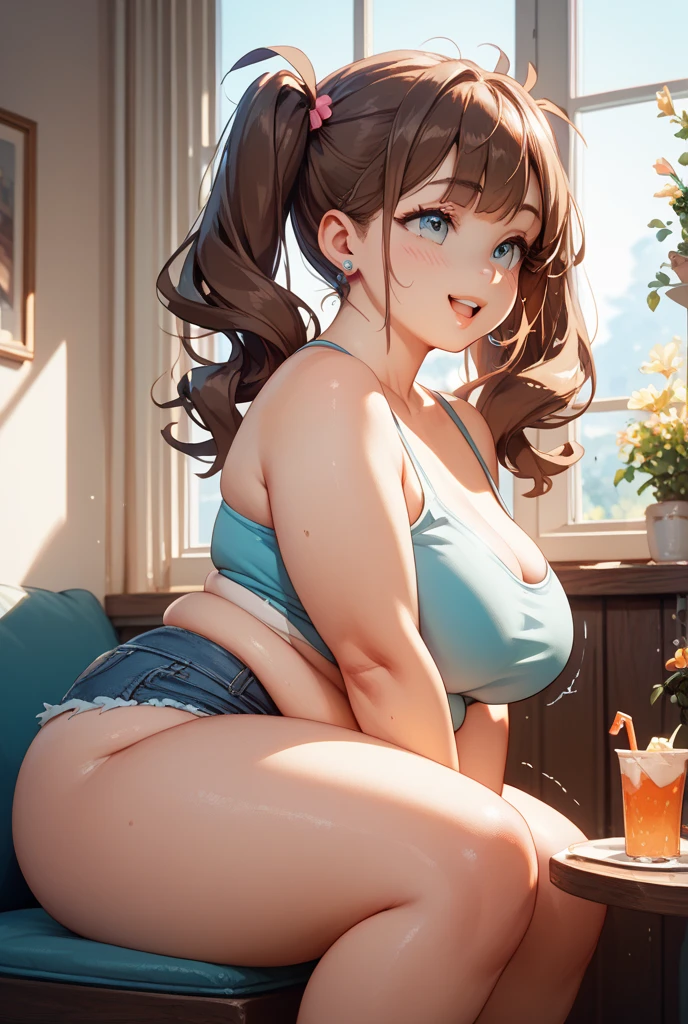 One Girl, Lips parted, blush, compensate, Light Smile, , whole body, Wide-angle, From above, Crude room, light, Shine, Thighs Thighs Thighs Thighs, clavicle, Tight waist, (Tabletop), wallpaper,Wet body、Drooling、White sockicro shorts、denim shorts