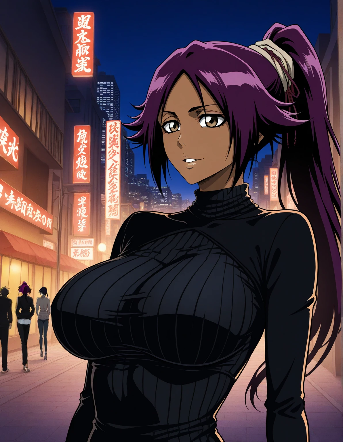 Misato Katsuragi, Evangelion, EVA 01, yellow bathing suit sexy, obra maestra, obra maestra, renderizar, NIKON, 1.8f, bokeeh, luces tenues, hermosa, purple hair, cabello morado, ojos hermosos, perfecta, cuerpo perfecto, belleza, ciudad, Tokio streets, noche, night, neon genesis, boina, short black dress, knecklace cross, anime big eyes, sports car in the background