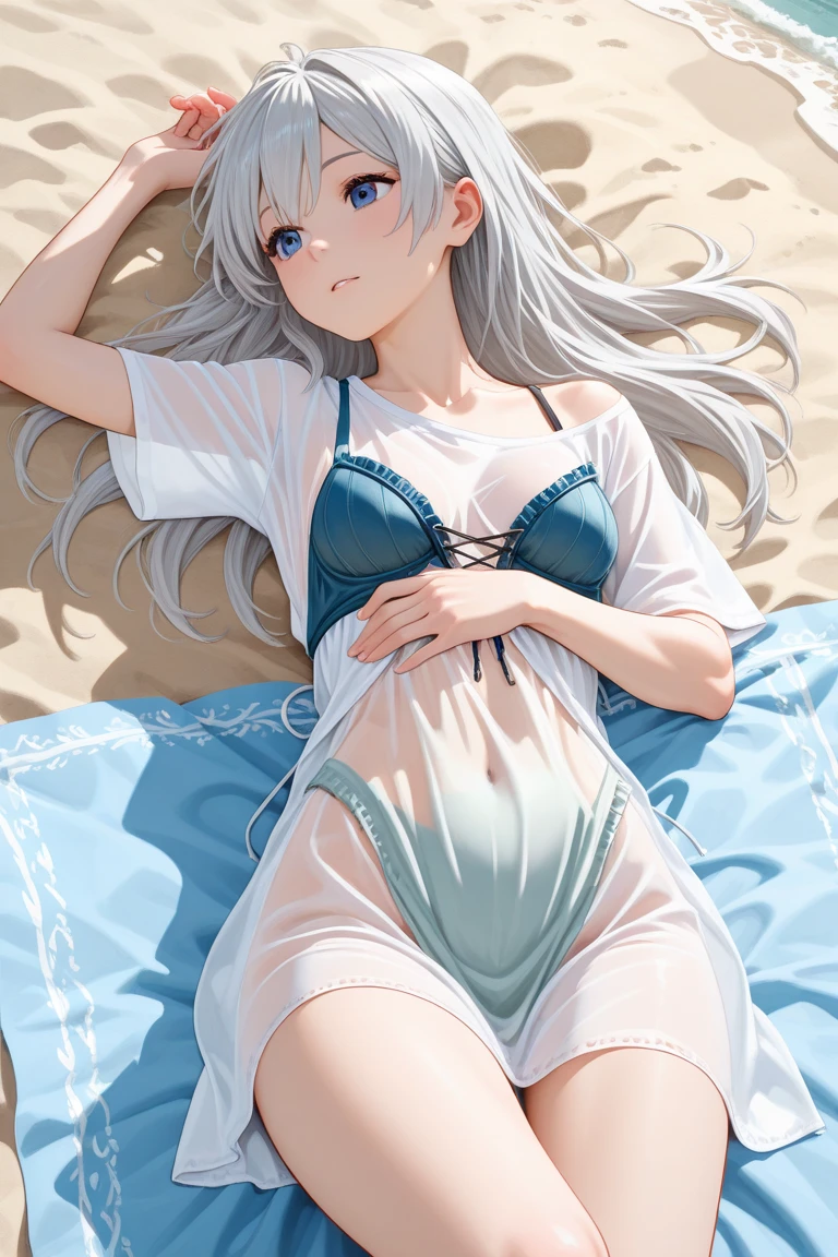 32k, best quality, ultra high res, HDR, UHD, extremely detailed CG, unity 32k wallpaper, very cute, 16-year-old girl, 1 person, Purple eyes, ((White competitive swimsuit)), Beach, White long hair, (large breasts), (Laugh shyly), ((Lie down on a picnic sheet)), ((Spread your legs wide)),