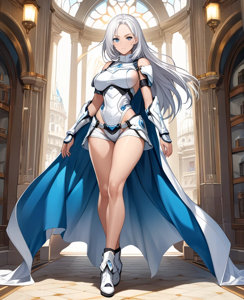 White color hair，Royal sister figure，A beautiful full body girl，with fair skin，24 years of age，busty figure，Combat attire，take gun，Super sexy scene，facial closeups