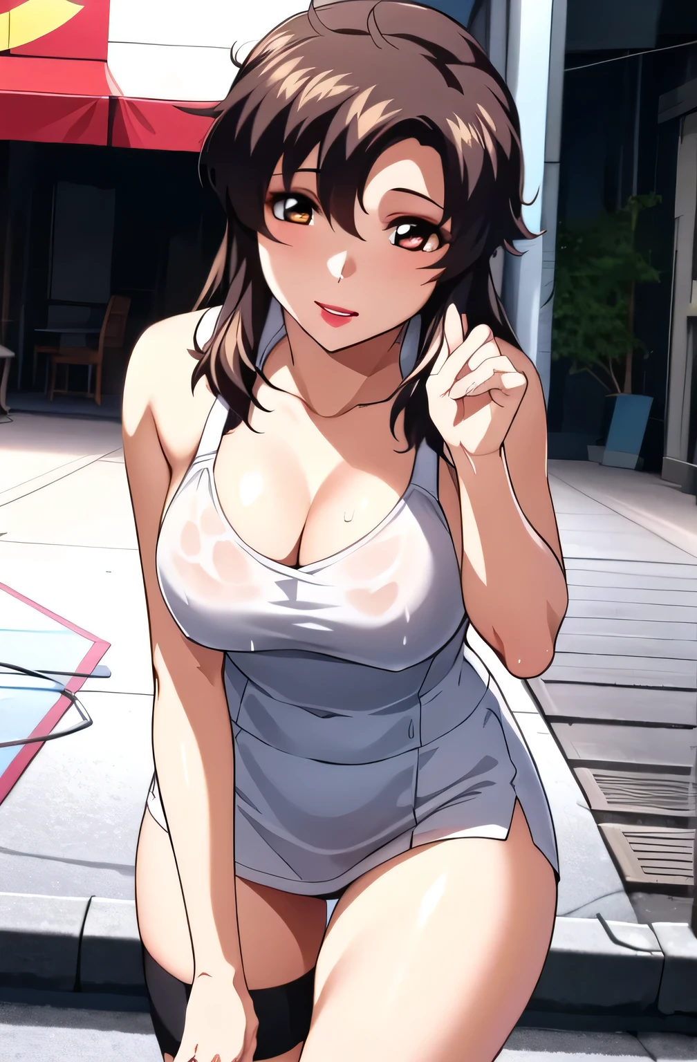 Big-breasted beauty wrapped in a towel The towel is about to fall out Walk out of the bathroom Mist pours out from behind her fair skin Fair long legs Expression shy Movements twist and pinch Hold the towel tightly with your hand