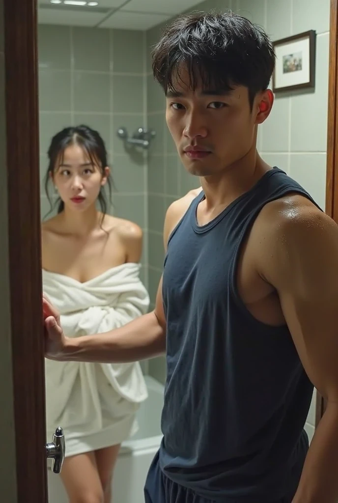 There was a man standing in the shower and his head foamy., Photos inspired by Jung Geun Lee, Tumblr, realism, Glittering from the rain, water dripping from him, Movie screen capture, South Korean man, movie screenshot, Still from the live action movie., Oh yes, Scenes from live-action movies, jin kim