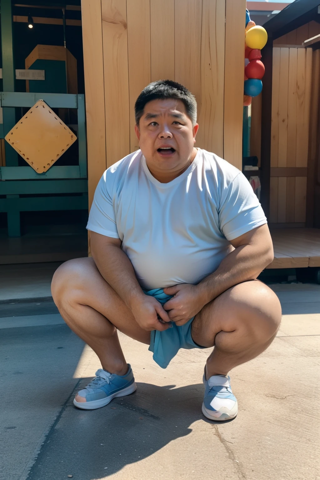 Thick Japan middle-aged man in his 50s, 1man, retarded, Human, Dwarfism, He wears a Light blue Hotpants, Bare thighs, ((peeing self, wetting self, pee stains,)), ((trembling, fear expression, scared, looking at viewer)), kindergarten background, It's a sunny day, Incontinence, He stand and cried in playground, Full body, a picture, 8k, high detail photo, Masterpiece,