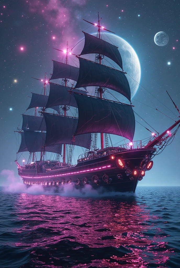 A highly detailed and cinematic image of the Black Pearl ship, redesigned in a futuristic tech-cyberpunk style. The ship is sailing on dark, shimmering waters with glowing neon accents, metallic sails, and cybernetic enhancements on its hull. High-tech turbines and glowing engines line the sides, suggesting vertical takeoff capability. The sky above is surreal, resembling deep space, filled with nearby glowing planets, multiple moons, and colorful nebulae. The ship is slightly angled upward as if preparing to launch into the sky. Reflections of the ship and celestial lights dance on the water's surface. The lighting is dramatic, with strong contrasts, neon purples, blues, and metallic tones dominating the palette. Atmospheric effects like mist, energy particles, and soft lens flares enhance the sci-fi feel. Ultra-realistic, 4K quality, with a wide-angle cinematic composition