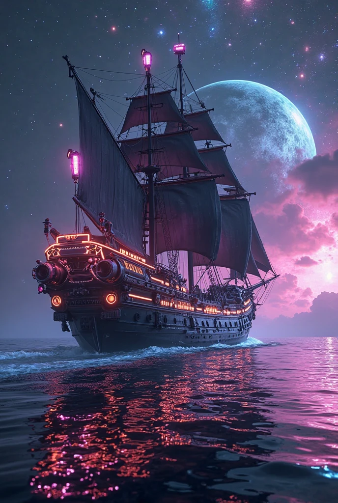 A highly detailed and cinematic image of the Black Pearl ship, redesigned in a futuristic tech-cyberpunk style. The ship is sailing on dark, shimmering waters with glowing neon accents, metallic sails, and cybernetic enhancements on its hull. High-tech turbines and glowing engines line the sides, suggesting vertical takeoff capability. The sky above is surreal, resembling deep space, filled with nearby glowing planets, multiple moons, and colorful nebulae. The ship is slightly angled upward as if preparing to launch into the sky. Reflections of the ship and celestial lights dance on the water's surface. The lighting is dramatic, with strong contrasts, neon purples, blues, and metallic tones dominating the palette. Atmospheric effects like mist, energy particles, and soft lens flares enhance the sci-fi feel. Ultra-realistic, 4K quality, with a wide-angle cinematic composition