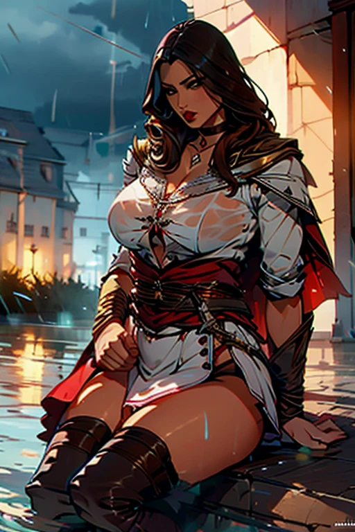 The woman, Altaïr's suit boots to the knee, Bracelets on the legs, socks, stockings, Jerusalem in the background, ((evening, night)), very detailed, Realistic long-term photography, 4k, (((short hair, brown hair))), ((shocks, garagantilla)),bracelet, sexy, dark skin, brown eyes, big breasts, big breasts, pussy, NSFW, +18
