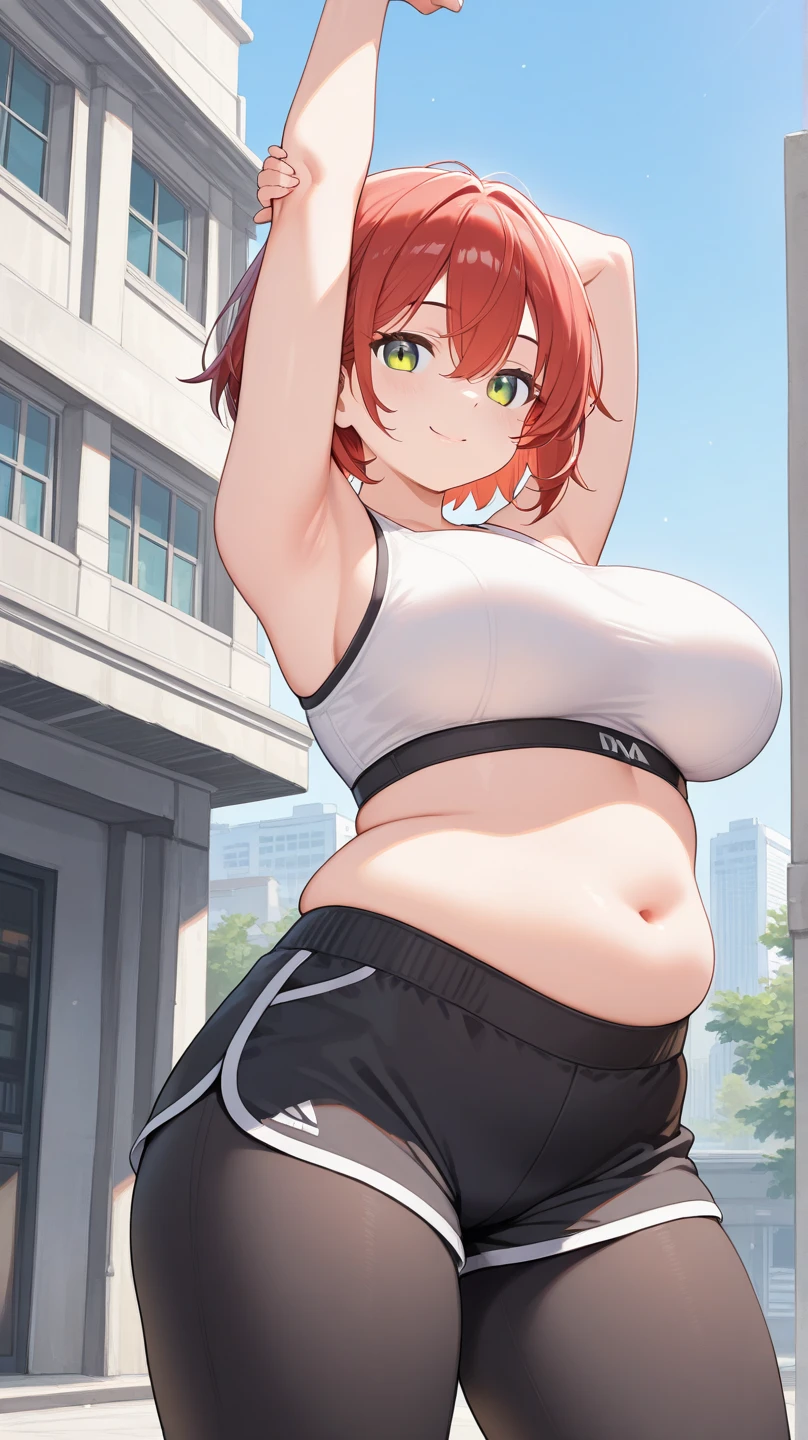 ((Voluptuous figure)),Chubby body type,Big Breasts,Brown Hair,blunt bangs,Top knot,hair accessory,((happiness)),track and field uniform,(Belly button),(heart hands)