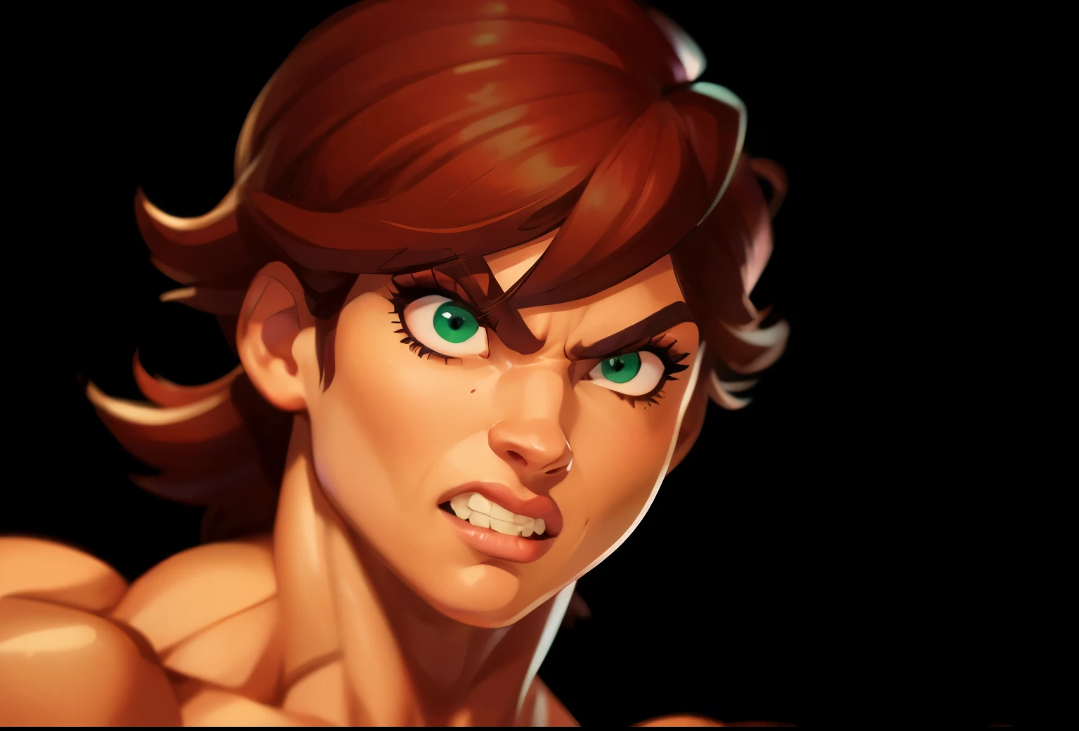 (masterpiece:1.2), (best quality), (ultra detailed), (8k, 4k, intricate),(full-body-shot:1), (highly detailed:1.2),(detailed face:1.2), (detailed background), muscle woman bearing teeth with brunette hair wearing purple top and blue jeans flexing massive muscles, most muscular pose, woman with huge muscles, mature woman, stern expression, green eyes, angry expression