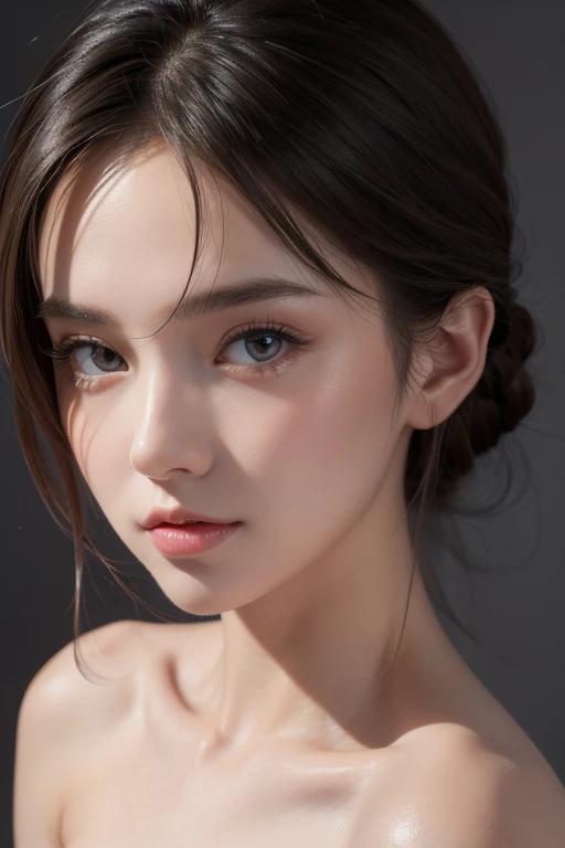 Tight black top:1.2, looking at the audience, Cinema lighting, perfect, soft light, High resolution skin:1.2, Realistic skin texture, 18 years old、a small face、No makeup,Off the shoulders,Bust G cup、blue eyes, bun, dark brown hair、Completely naked、gray background、