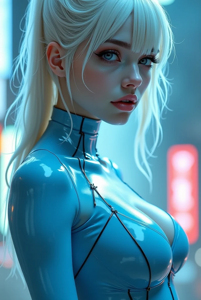 Beautiful supermodel woman with blonde hair, Hair with subtle highlights, Blue-gray eyes, Mixed Media, Wet paint, Jewel Beetle、Colors other than blue, Colored Background, The color of the liquid flowing on her face, photograph：Jinnah Chan. - At six o&#39;clock