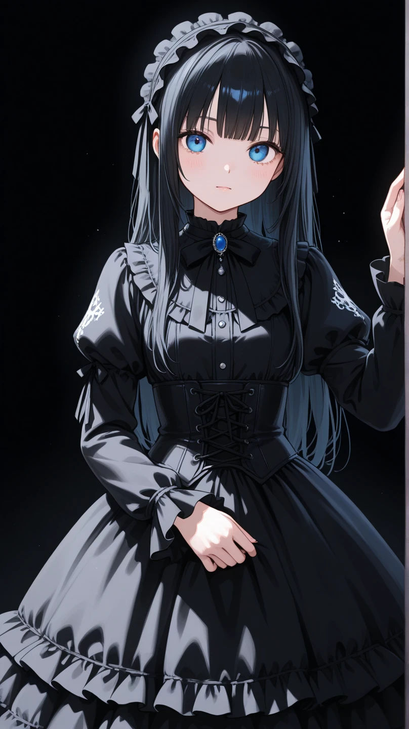 masterpiece, best quality, absurdres, score_9, score_8_up, score_7_up, 1girl, solo, small breasts, black hair, long hair, gray eyes, scars, burn scars, neutral, head tilt, black dress, Victorian fashion, hands down, looking at viewer, black background, simple background, sfw 