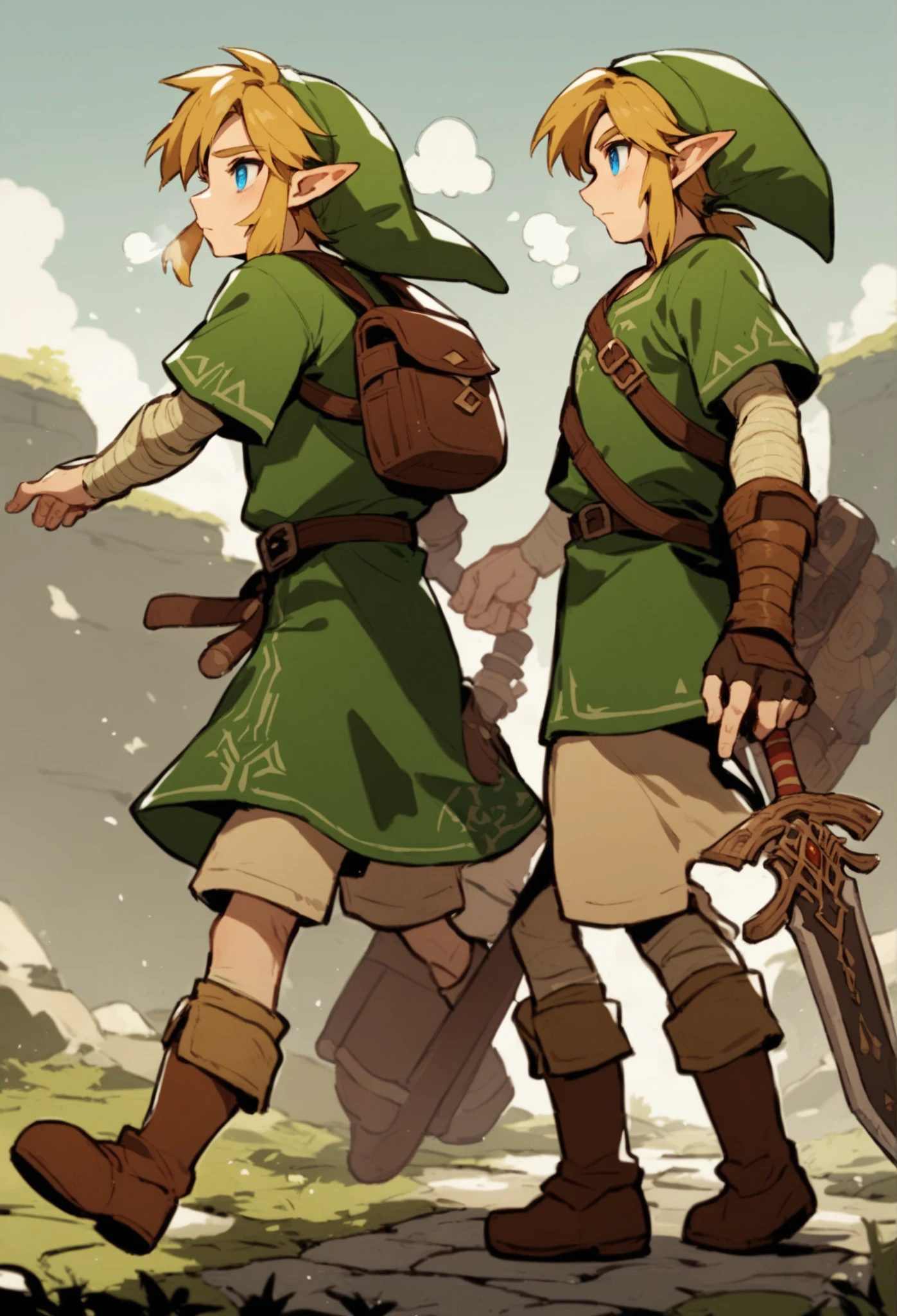 blond hair, breath,  Green tunic , blue eyes, elf ears,  Green tunic , looking at the sky, brown boots, standing character, link, anime,brown sword cover on the back,shorts verde,,Green cap,Raised head , 1 , walking vertically, Sheika mask in her hand,the legend of zelda