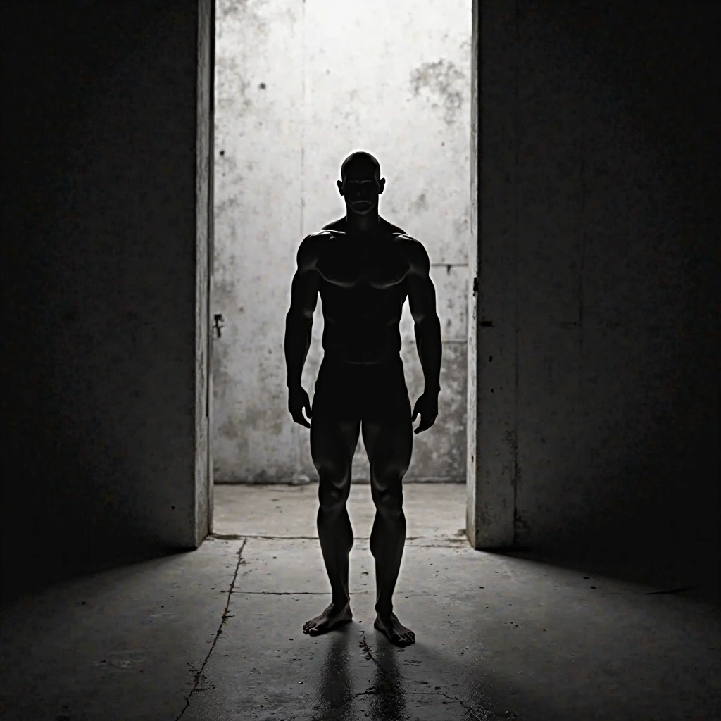there is a muscular man standing in front of a big screen with smoke, bodybuilder body, wears a tight thong, walks down a dark corridor, deep colors and dark shadows, competition highlights, inspired by George Barrett, Jr., volumetric atmosphere, silhouettes, official photos, sinister