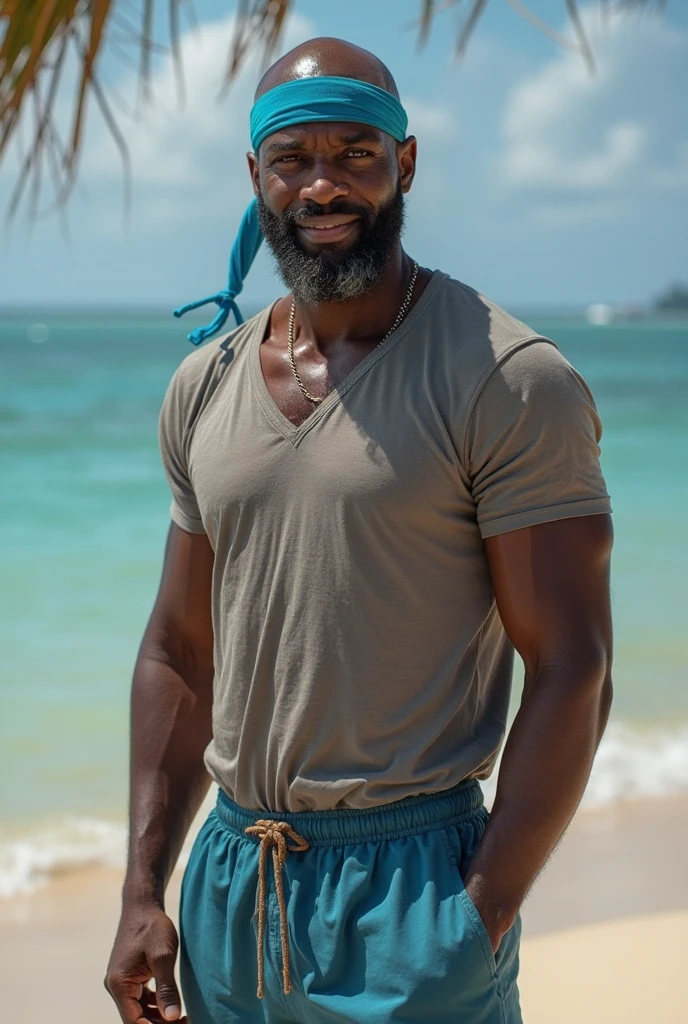 long distance shot, a black man, small beard, wrinkled, weathered, with piercing eyes, long distance shot, smile, detailed face, high details, photography, posing in the beach, beach on the background
