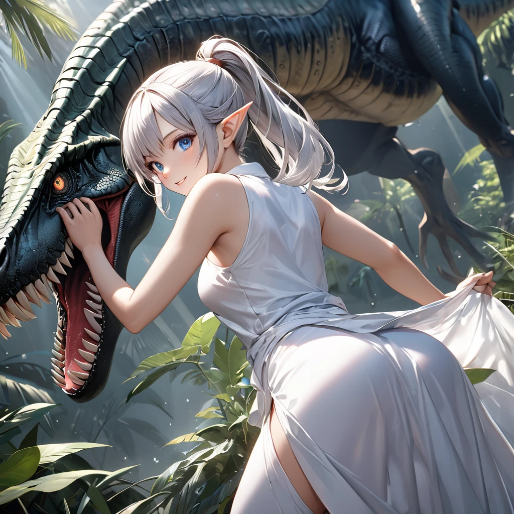 one-girl,White clothes,White hair,Huge dragons,Large breasts,cleavage,White Dragon
