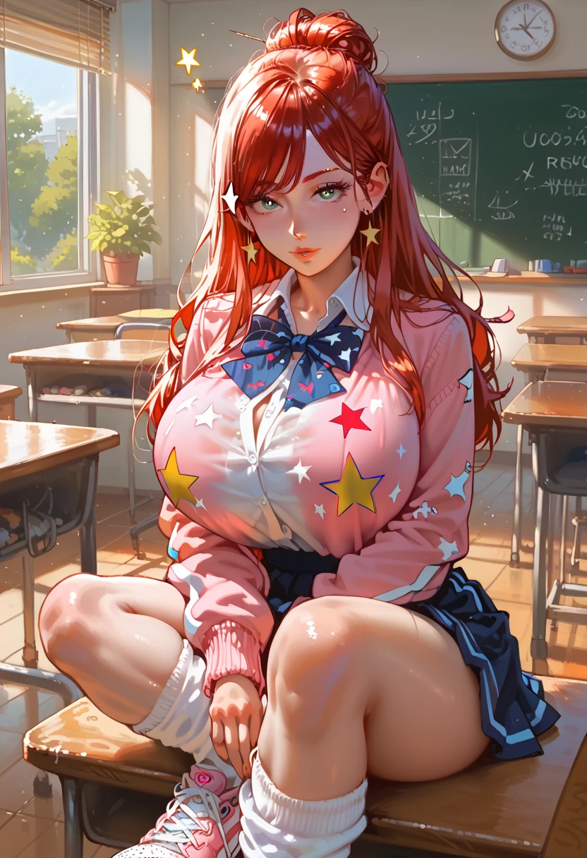 (masterpiece, best quality, ultra detailed, absurdres)1.5, 1girl, (sexy, beautiful woman, perfect face, perfect eyes, perfect female body, huge breasts)1.5, (mgcm iroha, mgcm , long hair, red hair, star hair ornament, hair bun, swept bangs, pink jacket, long sleeves, bowtie, blue skirt, socks, star print, sneakers, ), (sitting, indoors, teacher's desk, Japanese classroom), perfect lighting, smooth, hdr