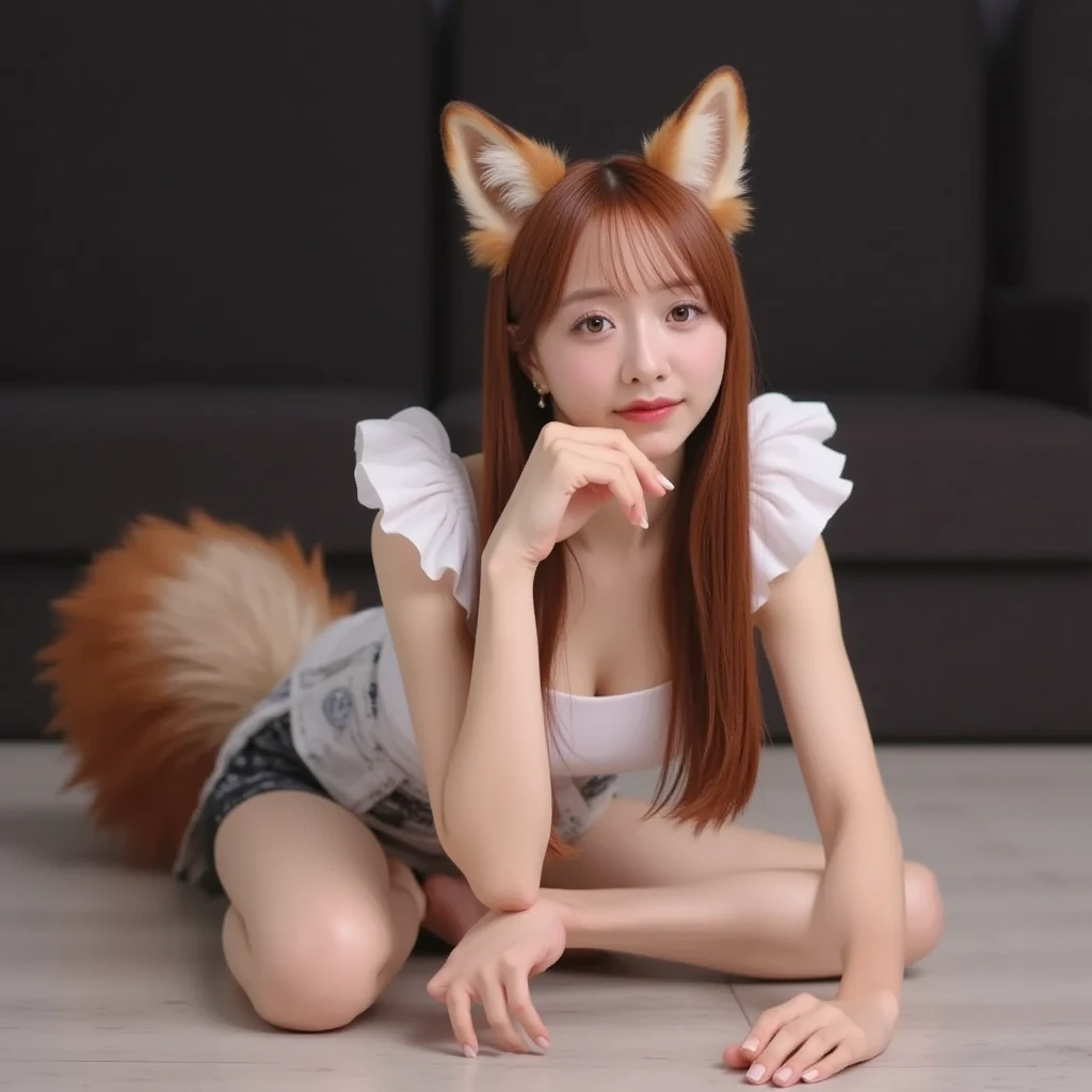 ((Highest quality, 32k)), ((masterpiece)), (Familiar), Perfect Face,  pretty girl, In the office of a high-rise building, She has a bushy tail, (She has one tail of a red fox.:1.3), She stands up her fluffy tail, Beautiful hip line, Small breasts, She wears a business suit, A large tail sticks out, Climbing on all fours, Slender body, She looks shyly at her tail, Her tail pushes up her skirt、Revealing white panties, (A single red fox tail protrudes from the hem of her skirt..:1.4), Embarrassed face