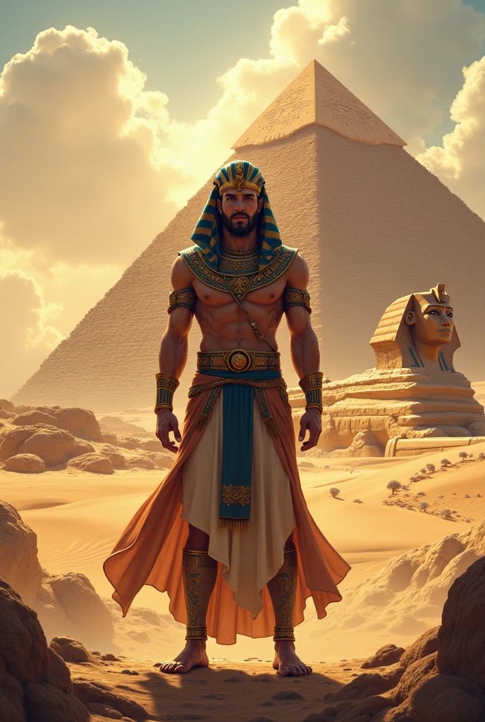 God Ra with Pyramid and desert behind and hieroglyphs