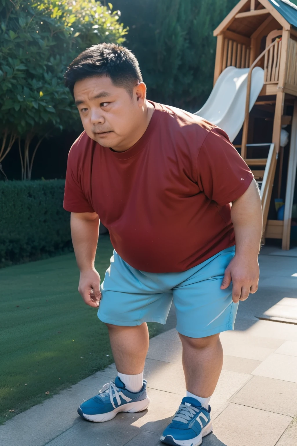 Thick Japan middle-aged man in his 50s, 1man, retarded, Human, Dwarfism, He wears a Light blue Hotpants, Bare thighs, ((peeing self, wetting self, pee stains,)), ((trembling, fear expression, scared, looking at viewer)), kindergarten background, It's a sunny day, Incontinence, He stand and cried in playground, Full body, a picture, 8k, high detail photo, Masterpiece,