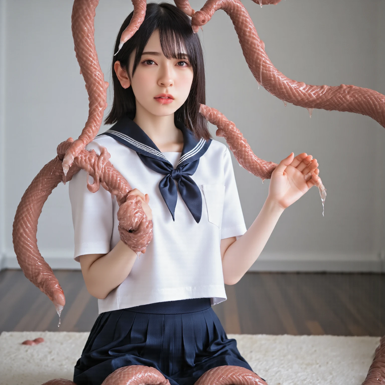 Asian school girl is being raped by ((too many wet tentacles snakes)) covered with saliva. BREAK Kujo Reika, Seventeen years old, High School Girl Exorcist, The uniform is a blazer, Good at handling swords, Long black hair, quarter Nordic, Height 172 cm, bust is 90cm, F cup