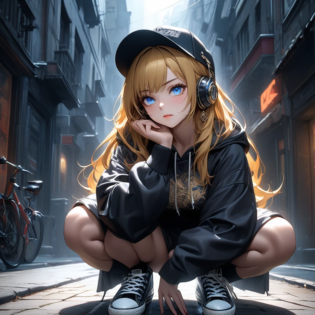(masterpiece), (best quality, highres, highly-detailed, illustration), a girl squatting in the street, 1girl, cute face, full body, black hoodie, put headphones around neck, looking away, blonde beige hair, long hair bangs, short bob cut, green eyes, smirk, stylish black jeans, bored, smug, fang, red lips, depth of field, cowboy shot, dutch angle, close-up, vanishing point, perspective, bokeh, f/1.2, 135mm, Canon, Fujifilm, Sony FE, best quality, highres, UHD, masterpiece, ccurate, anatomically correct, high details, highres, 1080P, HD, best quality, high quality, super detail, 4K, 8k