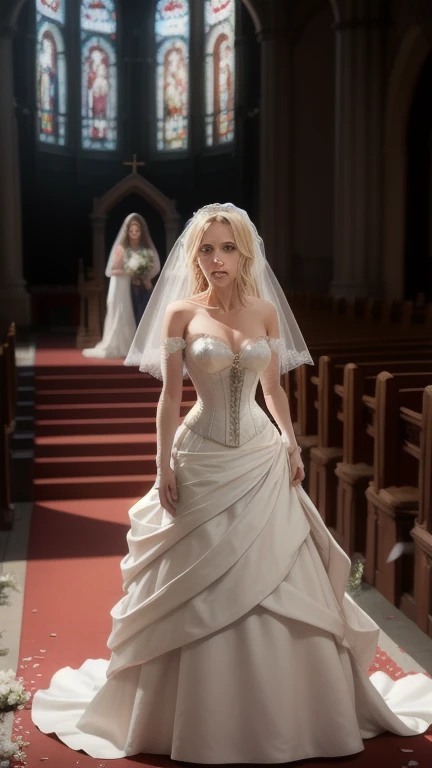 (bright lighting,romantic setting),bride captured, dreamy background,bondage,blond hair, mesmerizing gaze, , soft skin, alluring beauty, artistic portrait, high-quality image, vibrant colors, long silk gown, in the church,tape bondage,tape gag, bridal