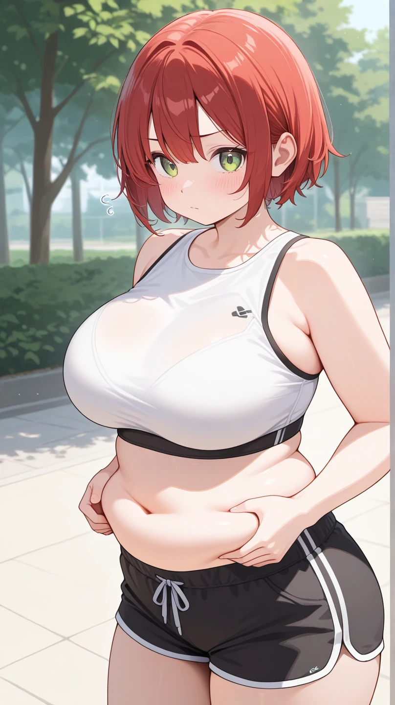 ((highres)), Masterpiece, high quality, best quality, beautiful, perfect lighting, detailed face, ultra cute face, ((1girl)), ((solo), short fluffy orange hair, green eyes, freckles, sweat, ((blush)), embarrassed smile, looking at viewer, arms behind back, standing in a park, (park), daytime, sports bra, gym shorts, (((thick thighs))), ((wide hips)), cleavage, (medium breasts), (chubby), 20 year old female,