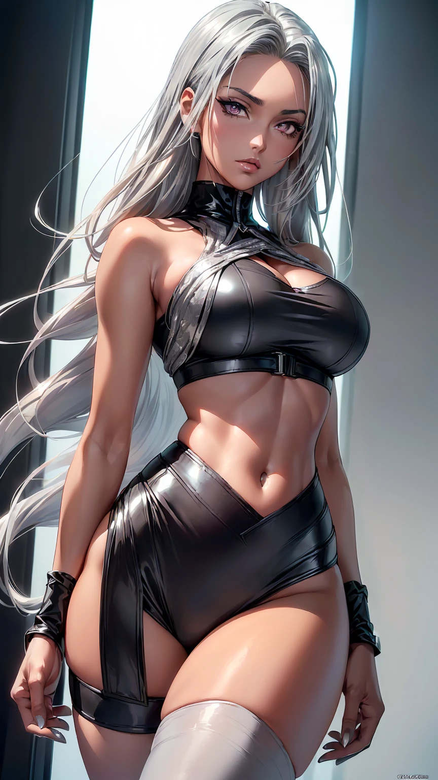 werewolf girl, ((fluffy skin)), paws on foots, fluffy fur on body, ((fangs)), ((claws)), tight slim crop top, cleavage, decolette, huge metal bracelets, huge metal collar, high over-the-knee boots, light green extremely_detailed_(lacy, fur, silk, satin)_(clothing, skirt), (light green clothing), detailed face, detailed beautiful shiny eyes, slit pupils, metallic reflections, futuristic city square, (tatooed, marked)_fit_muscular_body, (((1girl))), portrait, (full body), natural breasts, medium length hair, masterpiece, best quality, beautiful and aesthetic:1.2, fractal art:1.4, 16K, HDR, RTX, Ray Tracing, Radiosity, Anisotropic Filtering, Subsurface Scattering, light green neon, futuristic, vibrant colors