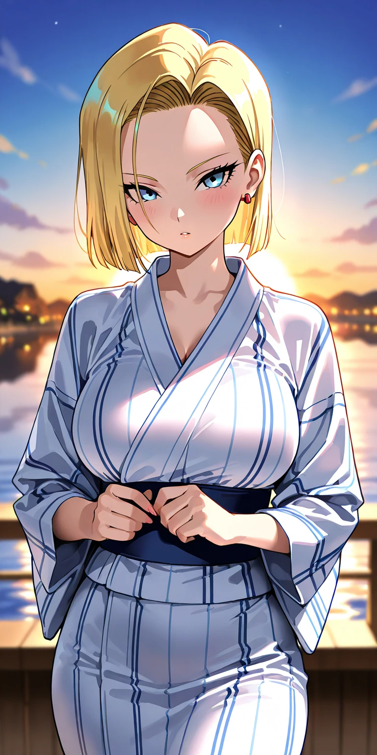 (masterpiece, best quality:1.2), 1girl, (solo), Android 18 from Dragon Ball, ((pastel kimono)), (standing), medium breasts, blunt bangs, short blonde hair, (blue eyes), earrings on earlobes, slim, slender feminine figure, skinny body, blush, sky, magnificent view, blur background, 4K, open mouth, river, smile, (own hands together), (Tanabata), night, moon, collarbone, cleavage, outside, a strip of paper, bamboo forest,