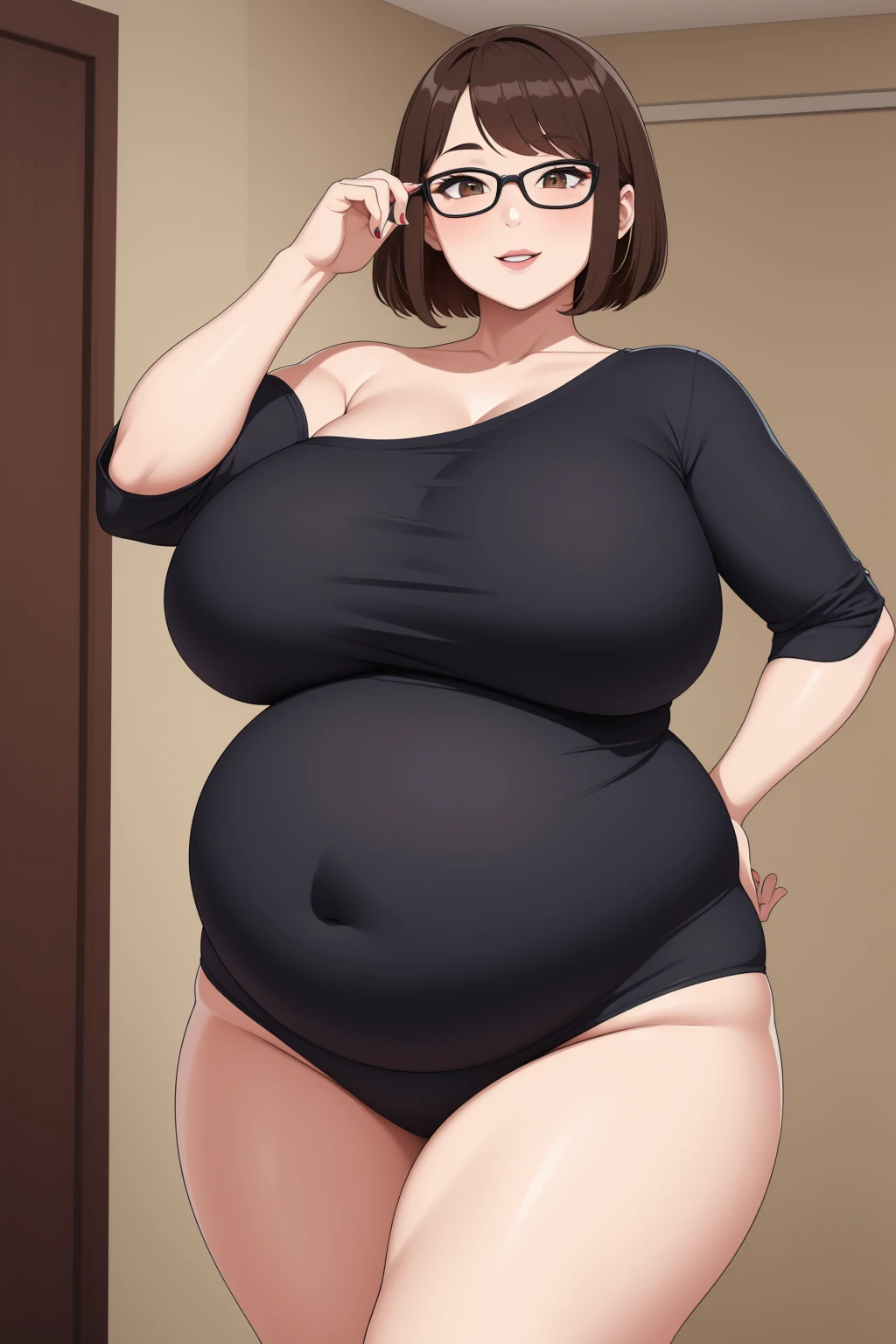 One in the picture, looks at me, very wide hips, black bikini , Red hair , Giant breasts, very thick thighs , Smirks, Snide look