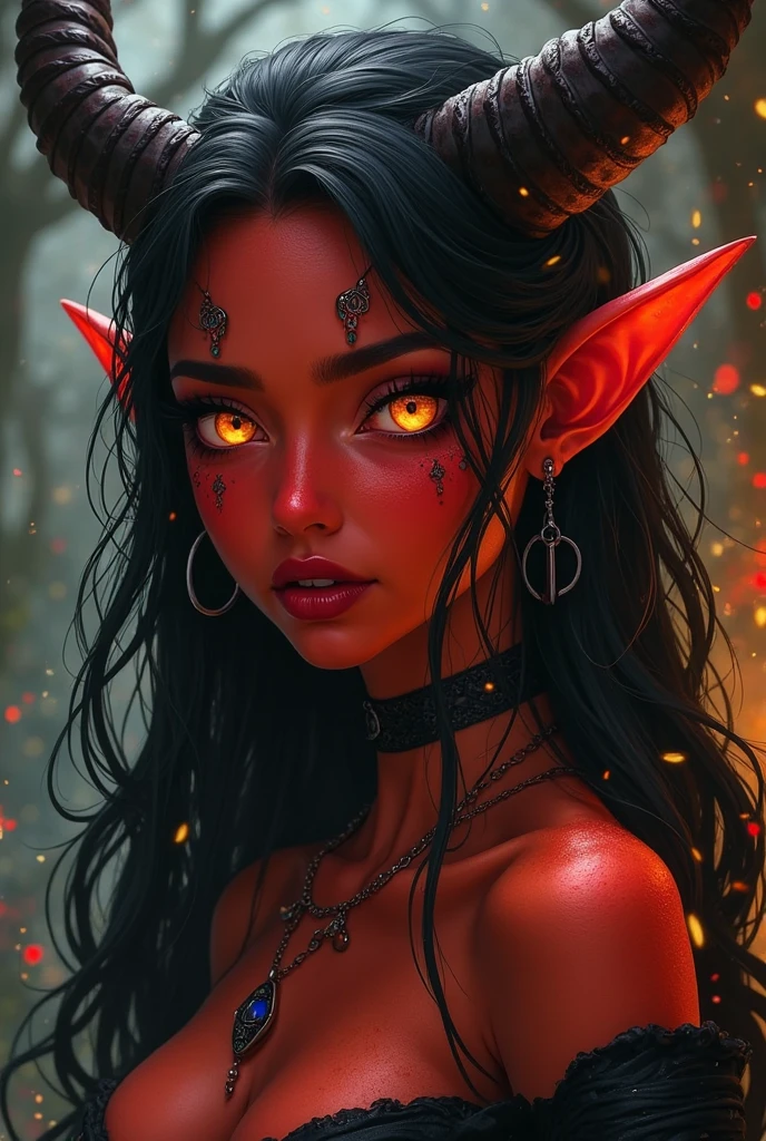 cute and sexy devil girl, short body, black hair, orange eyes, eyes glowing, red skin, horns, choker, serious face, semi-realistic style, outliner, hell background, dark sky background, moon light, face close up