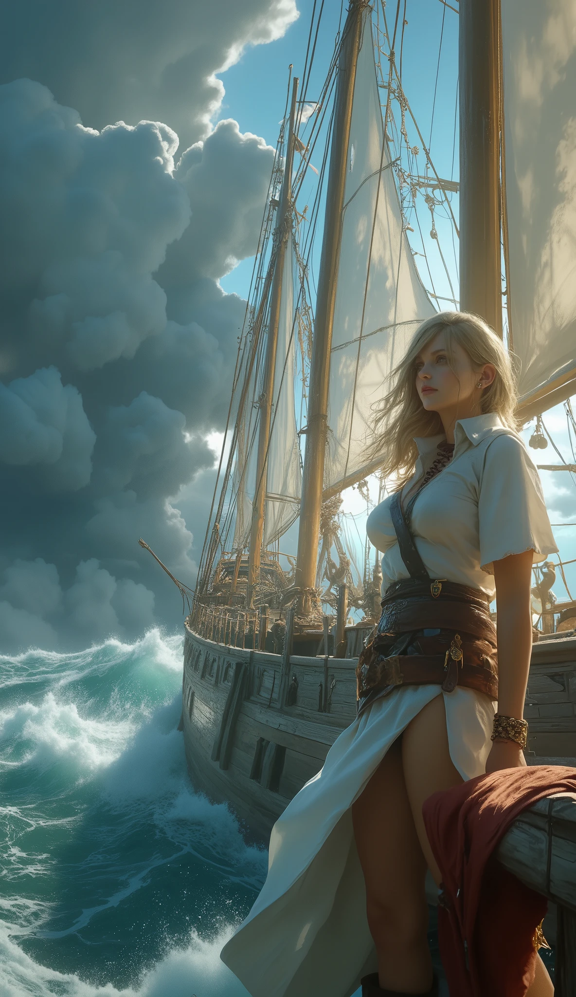(Highest quality, High resolution, Masterpiece:1.4), 8k, Huge sailing ship in rough seas, Adventure voyage, Female captain standing on deck, Storm, Huge wave attacks sailing ship, Wind-driven, Adventure voyage story