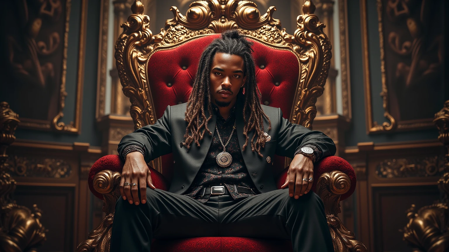 Create a poster of a rapper Locks sitting on a throne for me on social ...