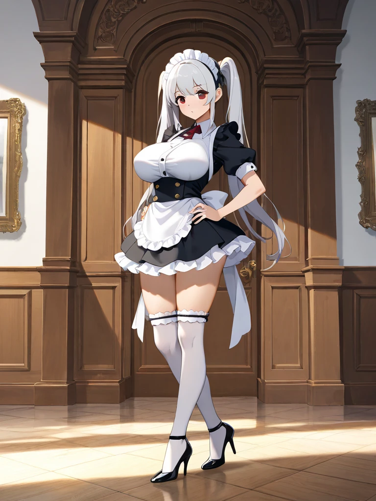 A woman wearing a white maid dress, black skirt, white apron, white tights, white gloves, long white hair, red eyes, big breasts, black heels, smiling, full body, holding a tray perfectly with a cup of coffee and sandwich, (just a tray), walking into a luxury room, background window, projected shadow, anaglyph, stereogram, tachi-e, dot view, atmospheric perspective, 8k, superdetail, accurate, best quality, award-winning, textured skin, high resolution, anatomically correct, bokeh effect, ((solo woman)